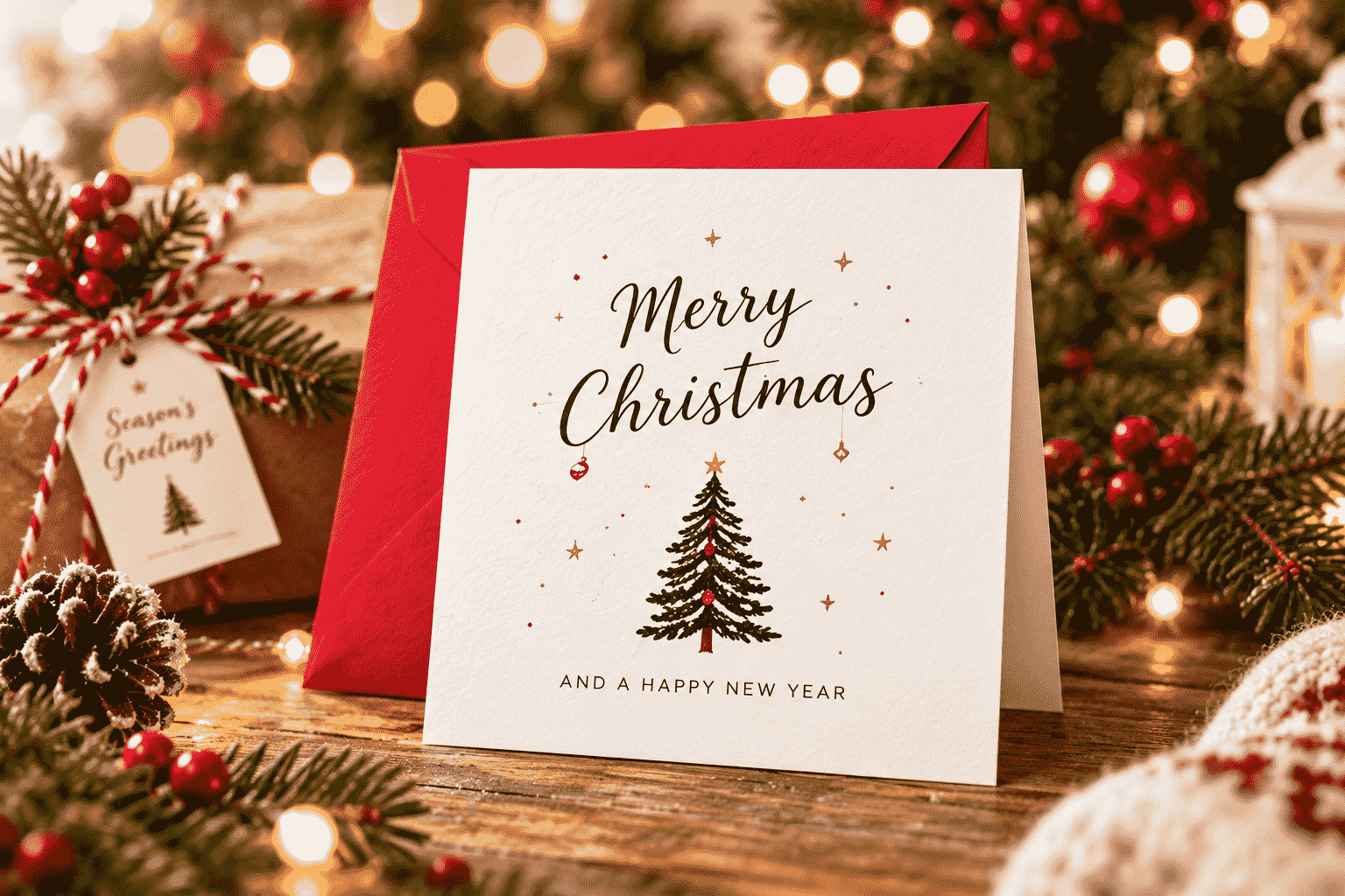 Merry Christmas card with red envelopes