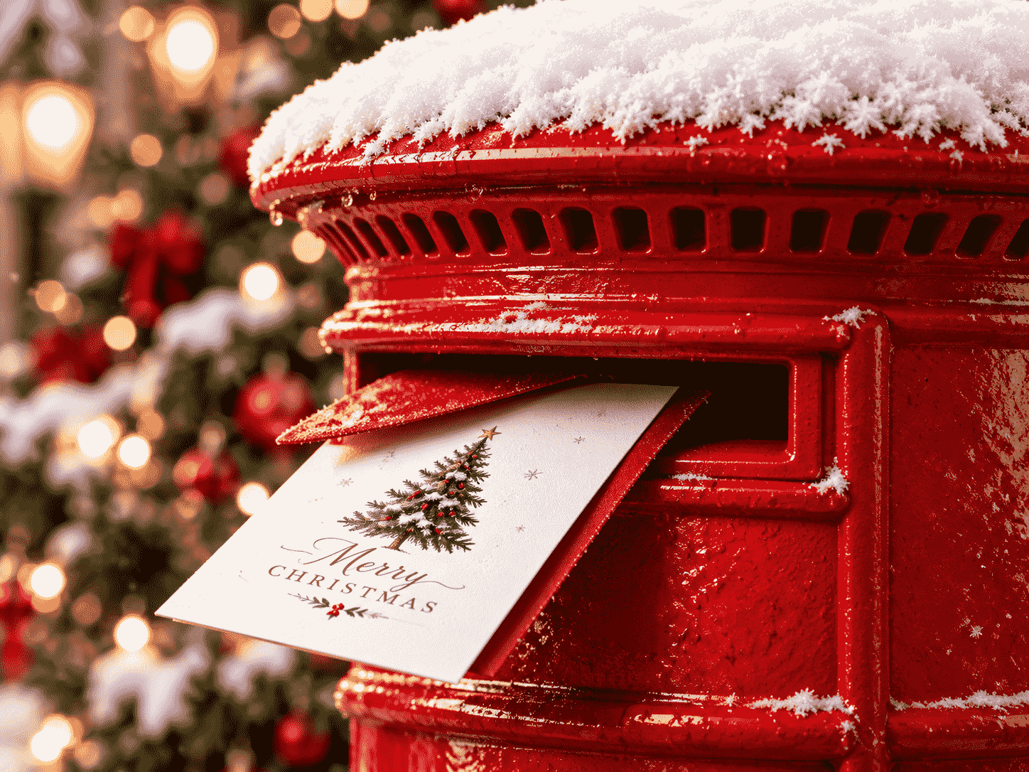 Christmas card being posted into a red post box